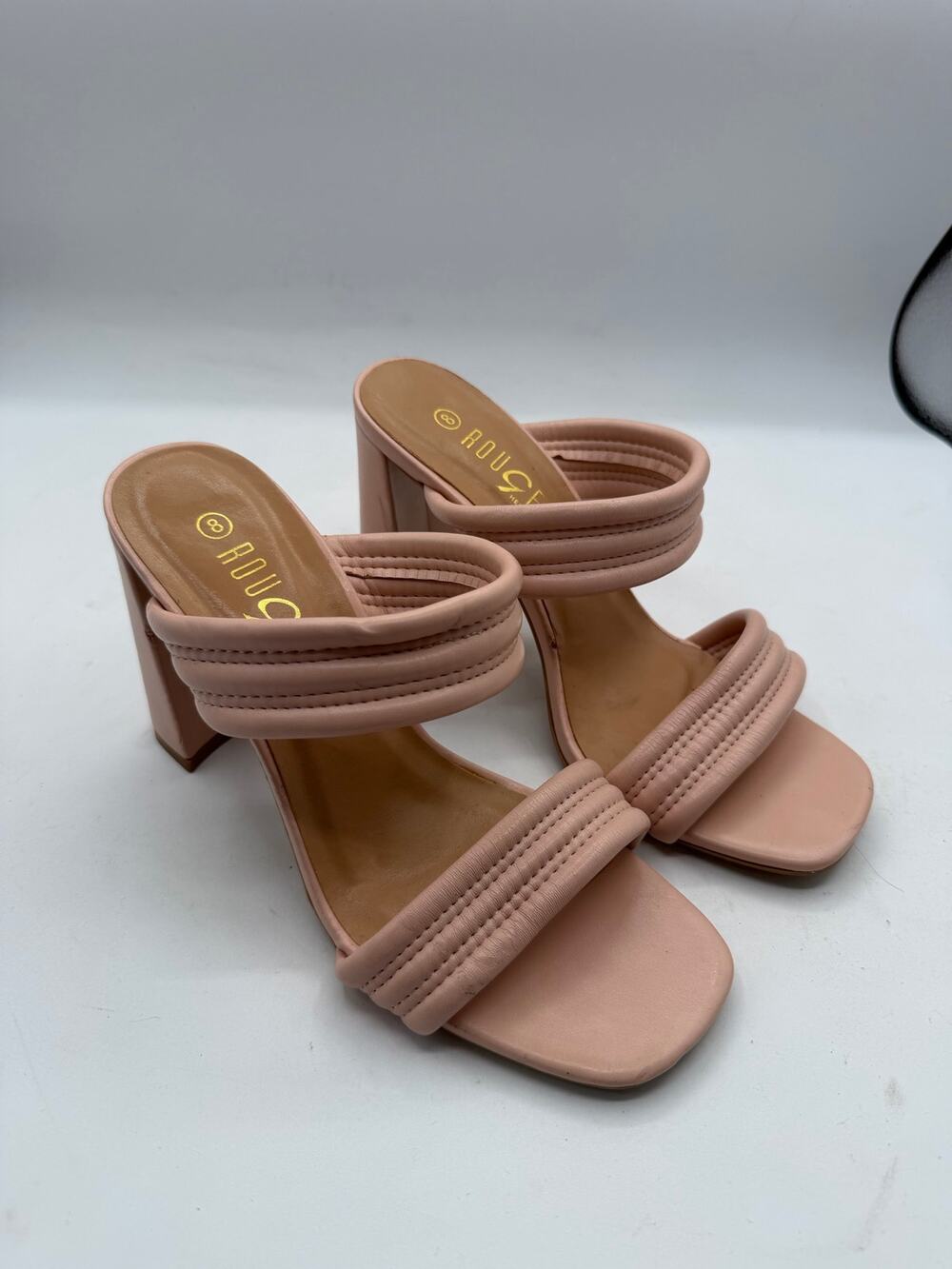 ROUGE Helium Nude Pink Double Strap Padded Slide Sandals - Block Heels - Size 8